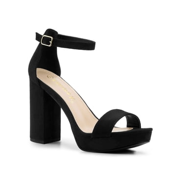 BLISSFUL STEP Women's Shoes Faux Suede High Chunky Heel Platform Ankle Strap Open Toe Sandals Black 10