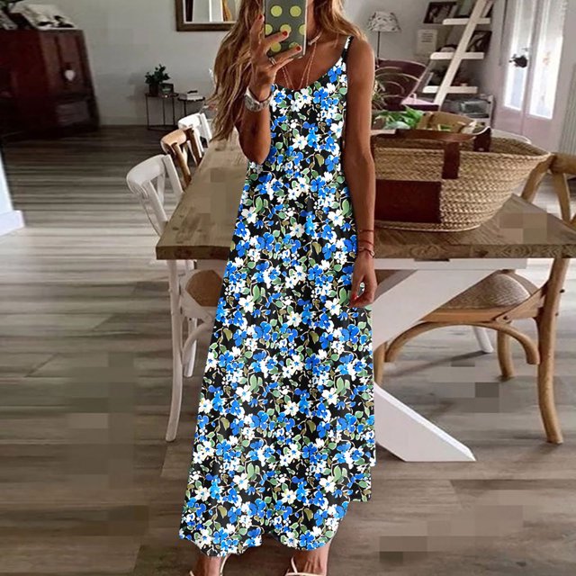 Ovzne Robes Grande Taille pour Femmes aux Formes Robe Femme Robes d'Été pour Femmes Imprimé Sans Manches Col Rond Robe Décontractée Longues Robes Robe de Printemps Imprimée Liquidation