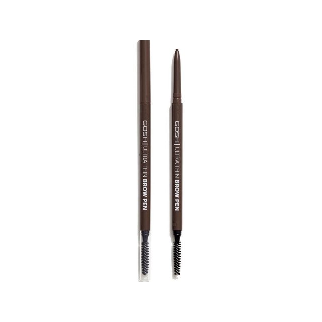 GOSH-Ultra Thin Brow Pencil - 003 Dark Brown showing two dual-ended brow pens on a white background, one with the ultra-thin pencil tip extended and the other capped, both with a dark brown matte finish and a spoolie brush on the opposite end for precise eyebrow shaping and filling gaps, suitable for creating natural or defined brow looks.