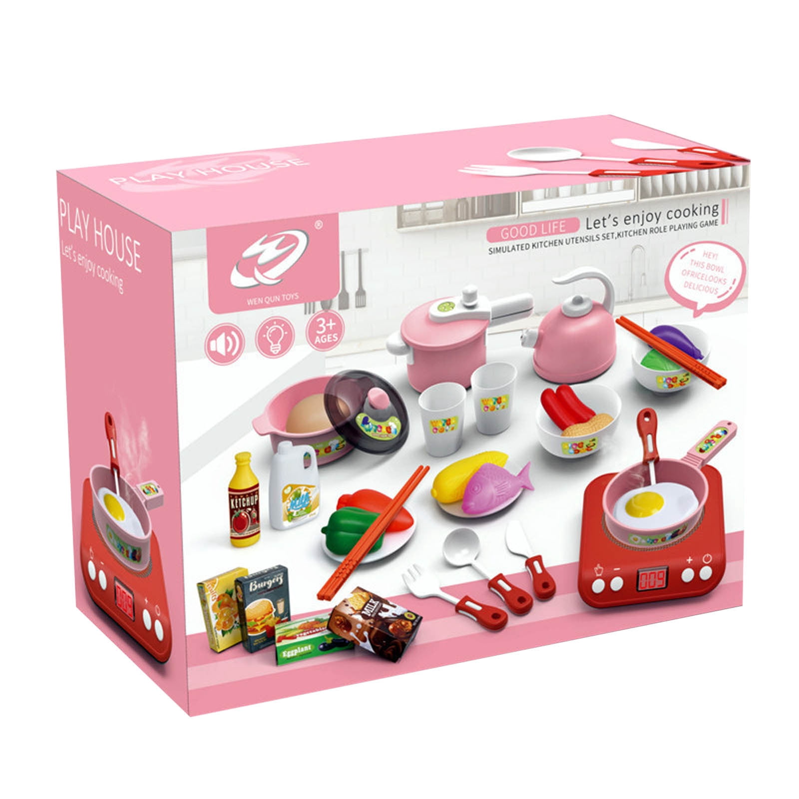 Kids Interactive Kitchen Toy Set Pretend Play Stove Pot Spoon Vegetable Fruit Storage Chef Role Cooking