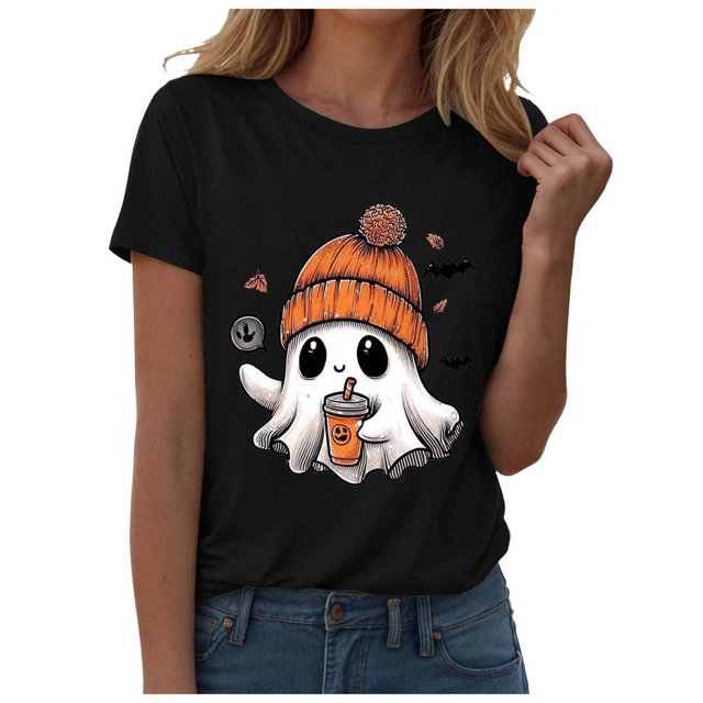T-shirt Graphique à Manches Courtes d'Halloween pour Femmes Col Rond Décontracté pour Tenue de Fête d'Été avec Jeans