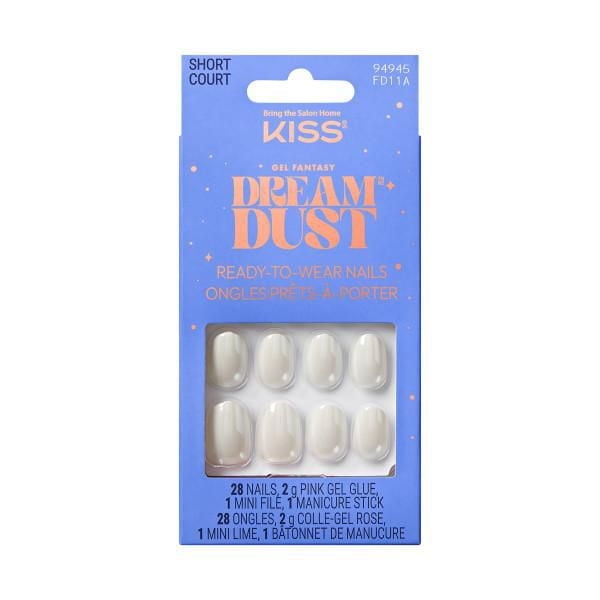 KISS Gel Fantasy Dream Dust ready-to-wear short oval fake nails with pearly iridescent finish in blue packaging, including 28 acrylic nails, 2g pink gel glue, mini file, and manicure stick for nail care.