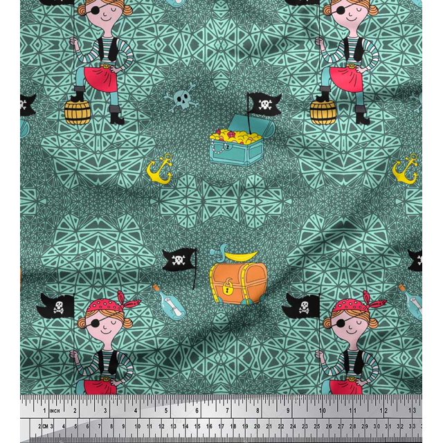 Soimoi Polyester Crepe Fabric Flag,Treasure Box & Pirate Boy Nautical Print Fabric by Yard 42 Inch Wide