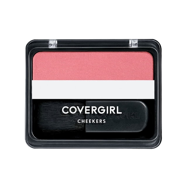 COVERGIRL Cheekers Blush compact with a clear lid, containing soft pink powder blush and a small black brush applicator, lightweight and dermatologically tested for natural, long-lasting cheek color, often used for quick touch-ups on the go.