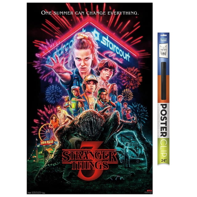 Netflix Stranger Things: Season 3 - One Sheet Wall Poster, 22.375" x 34", depicting the neon-lit Starcourt Mall sign with fireworks, main characters in 1980s attire, a large spider-like monster in the foreground, and a fun fair with a Ferris wheel in the background, printed on glossy paper for vibrant home wall decor.