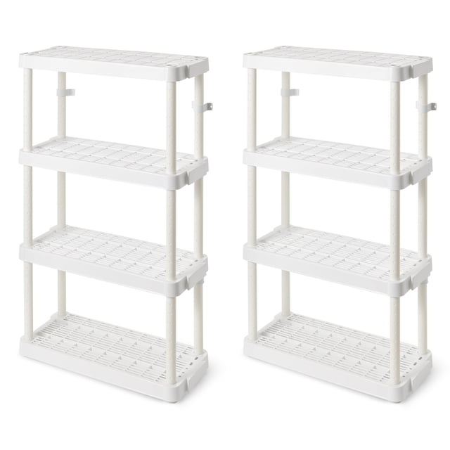 Gracious Living 4 Shelf Adjustable Height Storage Unit, White (2 Pack). Two medium-duty, 4-tier shelving units made of durable white plastic with ventilated shelves. Each unit measures 32 inches long, 14 inches wide, and 54.5 inches tall, with adjustable shelves that hold up to 150 pounds each, for a total capacity of 600 pounds per unit. Features slide and lock technology for easy shelf adjustment and includes brackets for optional wall mounting. Ideal for organizing kitchens, garages, laundry rooms, or bathrooms.