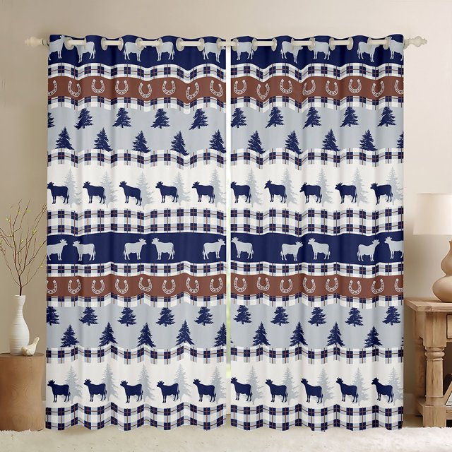 Cow Farmhouse Animal Curtains,Boho Vintage Tribal Abstract Window Curtains Drapes,Geometric Cattle Buff Blackout Curtains,Striped Pine Tree Insulated Thermal Curtains,38"x45"