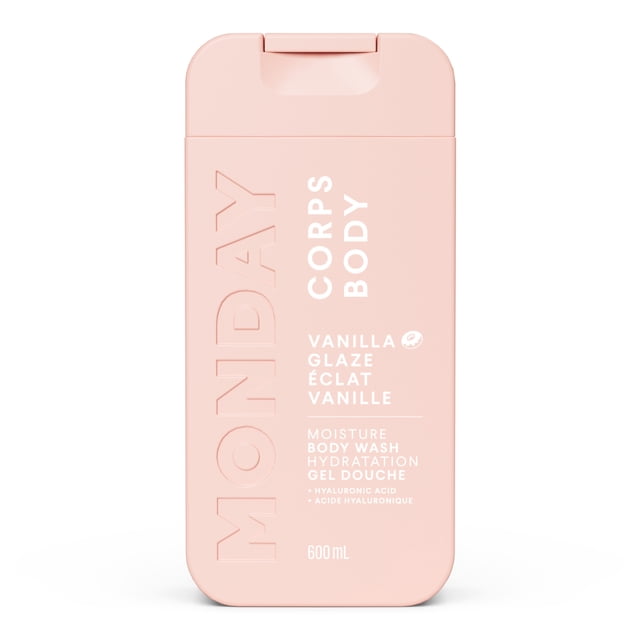 MONDAY Haircare Gel Douche Hydratant à la Vanille Glaçée avec Acide Hyaluronique et Beurre de Karité, Bouteille Rectangulaire Rose Doux de 600 ml avec Bouchon à Rabat, Gel Douche Hydratant au pH Équilibré et Sans Sulfates pour Tous les types de Peau, Idéal pour les routines de Douche Hydratantes Quotidiennes.