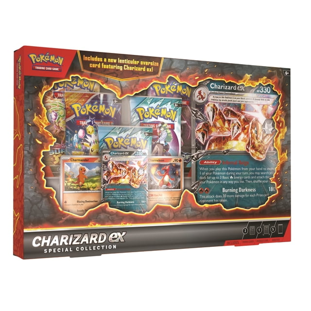 Pokémon TCG: Charizard ex Special Collection box featuring a lenticular oversize Charizard ex card, an etched foil Charizard ex promo card, foil Charmander and Charmeleon cards, and five Pokémon booster packs in fiery-themed packaging, suitable for collectors and trading card players.