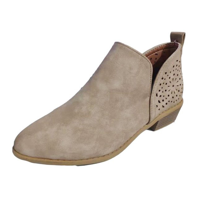 jovati Chaussures pour Femmes Rétro Couleur Unie Talon Bas Ajouré Bottines Courtes en Cuir