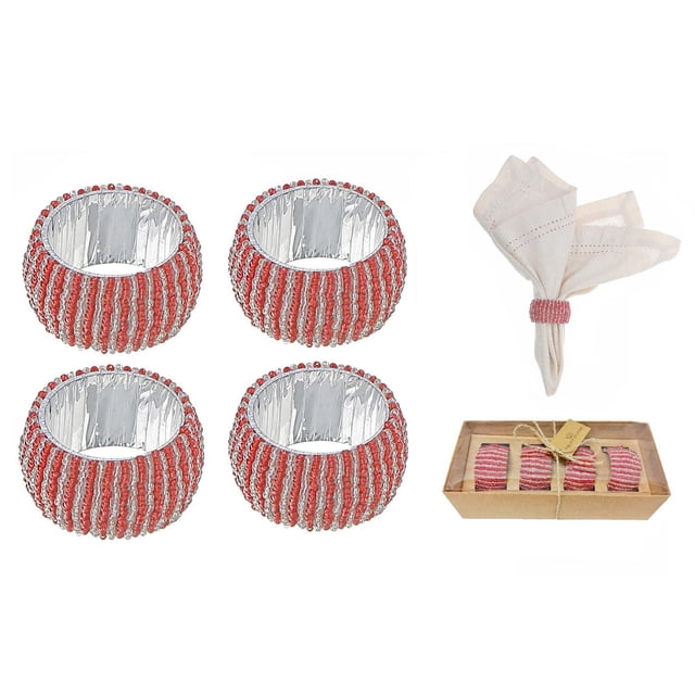 Ensemble de 4 Anneaux pour Serviettes Perlées avec Boîte d'Artisanat Rouge et Argent, Comprend Quatre Anneaux Ronds pour Serviettes en Verre Décorés de Rayures Verticales Rouges et Argentées avec Perles et une Doublure Intérieure Argentée Brillante, Présentés avec une Serviette en Tissu beige Tenue par un Anneau et une Boîte d'Artisanat Brune, Convenant à une coordination Élégante et durable du Linge de table à Manger.