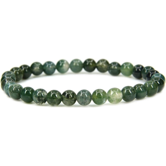 Bracelet Extensible en Perles Rondes de 6 mm en Agate Mousse Naturelle, 7 Pouces, avec des Perles d'Agate Mousse Verte Polies et des Motifs Uniques. Fait à la Main, design Unisexe Convenant aux Hommes et aux Femmes, Sans Composants Métalliques pour Peau Sensible. la Longueur du Bracelet Est d'Environ 6,5 à 7 Pouces, Idéale pour Peau Sensible.
