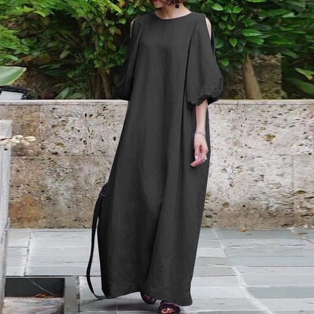 Gspmoly Robes pour Femmes, Mode Femme Coton et Lin Col Rond Ample Manches Bouffantes Demi-Manches Robe Longue Unie Robes de Vacances pour Femmes jusqu'à 65 % de Rabais