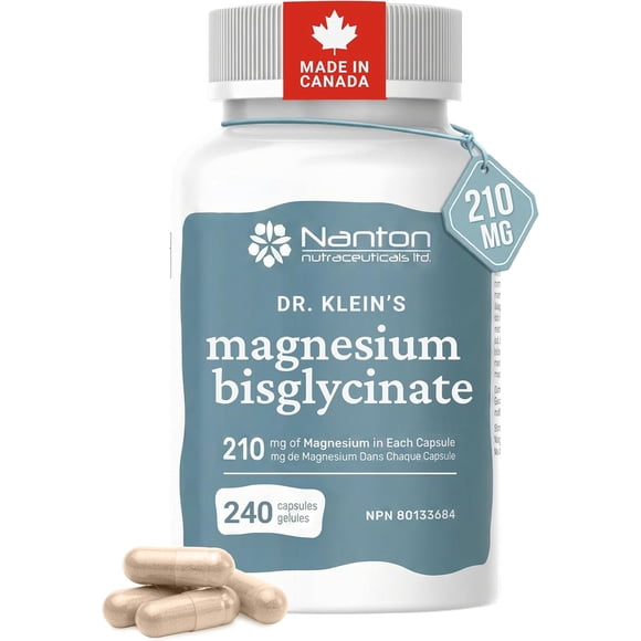 Supplément de Bisglycinate de Magnésium 210 Mg – Bisglycinate de Magnésium à Haute Absorption pour la Fonction Osseuse et Musculaire, le Métabolisme, l'Énergie et l'Hydratation - Doux pour l'Estomac, Fabriqué au Canada, 240 Capsules