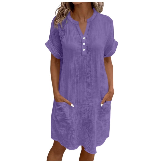 Robe Décontractée Violette Unie à Manches Courtes, Col en V, midi Longueur Genou, Boutonnée, pour Femmes et Adolescentes. Conçue en Tissu Léger, Cette Robe Tendance Est Parfaite pour l'Automne et l'Été, Offrant Confort et style pour une Tenue Décontractée en 2025.