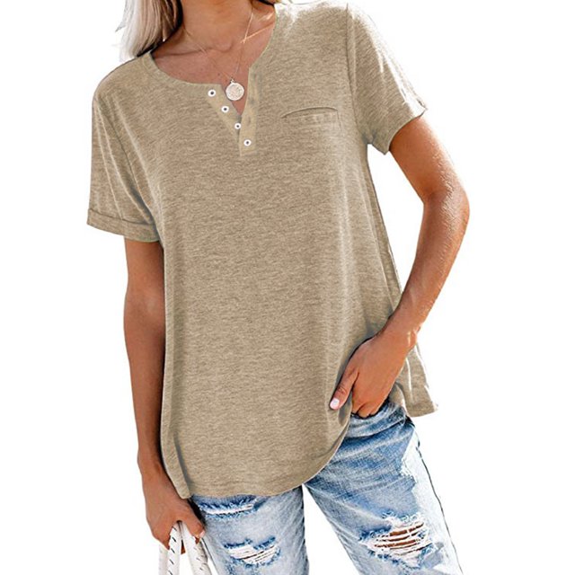 MAWCLOS T-Shirt pour Femmes Couleur Unie Col en V Tee Confortable Rue Manches Courtes Blouse Kaki 3TG