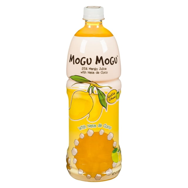 MOGUMOGU Mango Drink with Nata De Coco in a 1L plastic bottle with white cap, featuring illustrated yellow mangoes and text highlighting 25% real mango juice and chewy nata de coco bits for a refreshing fruit juice blend suitable for grocery juice aisles.