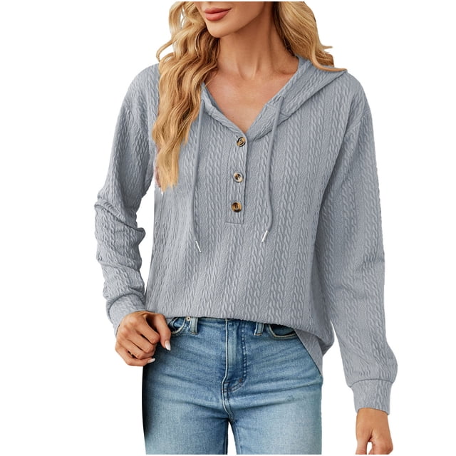 Yuyuzo Womens Fall Sweatshirts Drawstring V Neck Buttons Long Sleeve Textured Knit Pullover Tops