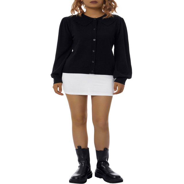 Women Solid Cropped Cardigan Sweater Lantern Sleeve Ruffle Lapel Collar Button Down Knit Outerwear Green M