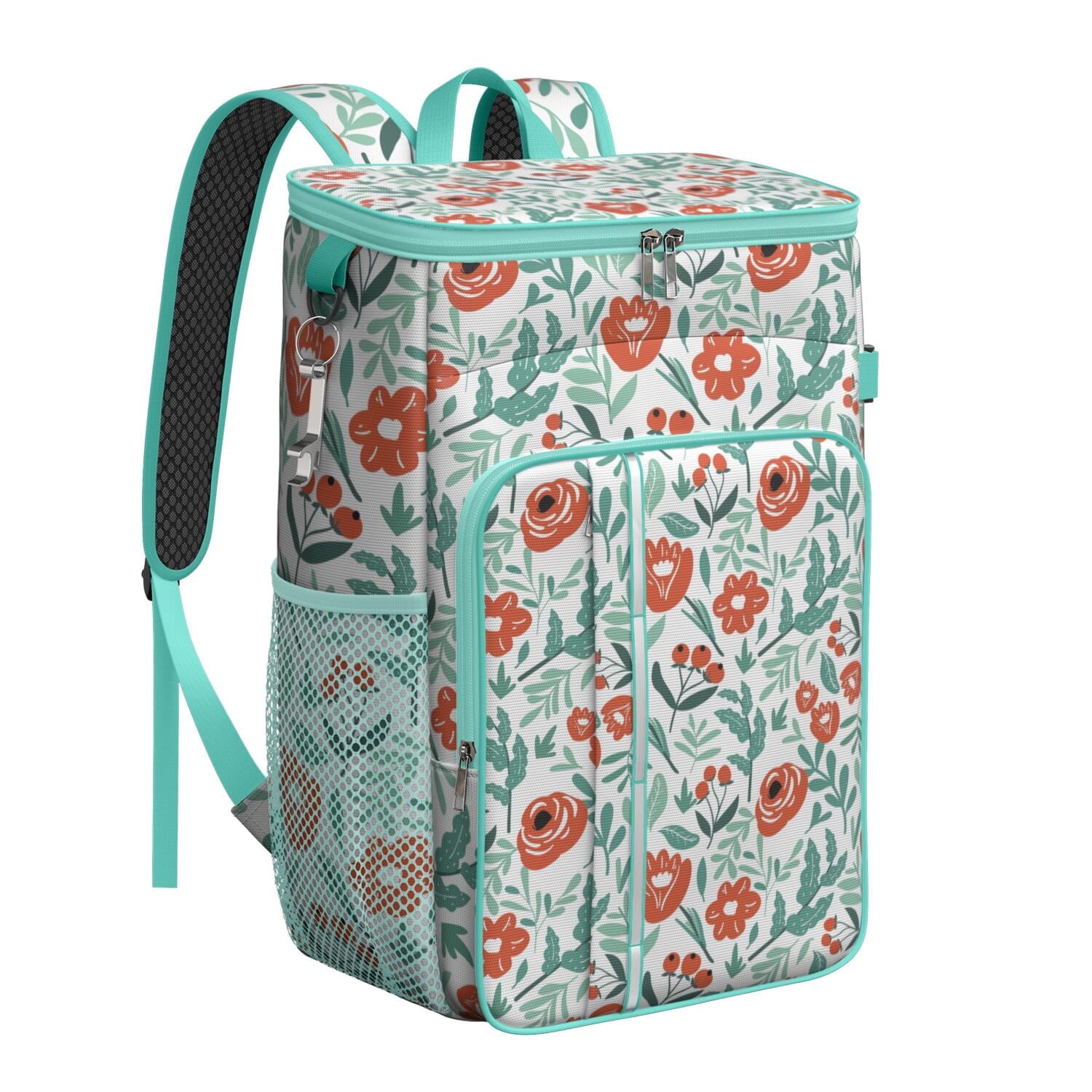 Tropical Flower and Leaves Insulated Cooler Backpack, Leakproof Waterproof Lunch Backpack for Beach Vacations, Camping
