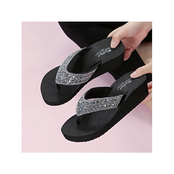 UKAP Woman Slippers Rhinestone Wedges Wedge&platform Flip Flops Shopping Thong Lightweight Black 6