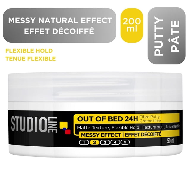 Studio Line 24H Out of Bed Hair Paste in a 50 ml white jar with black and yellow label, providing matte texture and flexible hold for a natural, messy hairstyle with a flexible hold rating of 2, suitable for short to medium hair and reworkable styling.