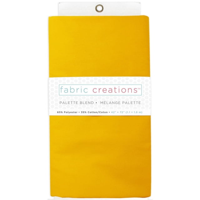 Fabric Creations Polycotton 65/35 pre-cut fabric in solid yellow, folded with a white label showing brand and fabric blend details, measuring 42 by 72 inches (1.1 by 1.8 meters), made of 65% polyester and 35% cotton, lightweight and machine washable, suitable for quilting, garment sewing, and home décor projects.