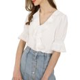 thumbnail image 2 of INSPIRE CHIC Women's Ruffled V Neck Puff Elbow Sleeve Semi-Sheer Chiffon Blouse 3XL White, 2 of 8