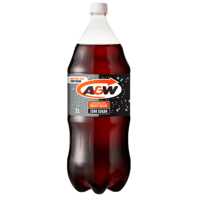 AW Root Beer® Zero Sugar 2L Bottle with a front-facing view of a clear plastic bottle filled with dark brown diet root beer, featuring a white cap and a black label with the A&W logo, zero sugar, caffeine-free, and 2L volume. Suitable for enjoying a classic, refreshing soft drink without calories.