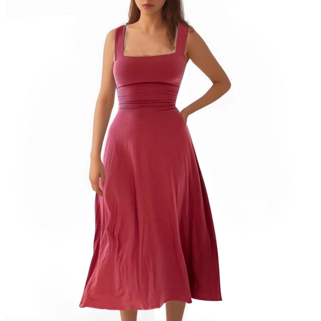 Timegard Robes d'Été pour Femmes à Larges Bretelles, Encolure Carrée, Sans Manches, Couleur Unie, Coupe Ajustée, Décontractée, Confortable