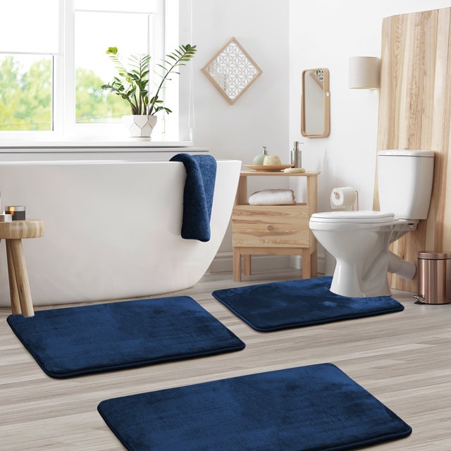Set of 3 Clara Clark Bath Mat Bathroom Rug - Absorbent Memory Foam Bath Rugs - Non-Slip, Thick, Cozy Velvet Feel Microfiber Bathrug - Blue - Large 20"x32" - Small 17"x24" - Contour 24"x20"