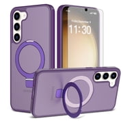 Asuwish Phone Case for Samsung Galaxy S23 Plus S23+ 5G Tempered Glass Screen Protector Magnetic Folding Stand Frosted Translucent Rugged Shockproof Protective Cell Cover SM-S916U Women Deep Purple