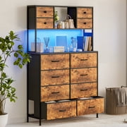 Dresser with 12 Fabric Drawers, Dresser for Bedroom with Charging Station and LED Lights, Dressers & Chests of Drawers for Bedroom, Steel Frame & Wooden Top, Entryway
