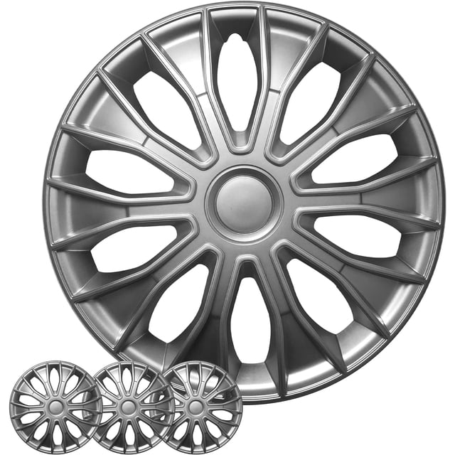 Wheel Cover Kit, 14 Inch Hubcaps Set of 4 Automotive Hub Caps with Universal Snap-On Retention Rings, 1-Tone ABS Plastic Silver Rim Covers for All Makes, Models (SG-5086-B-14)
