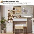 thumbnail image 3 of Vanity Desk Set with 3-Color Dimmable LED Mirror, Sliding Hidden Mirror Design, Built-in Power Outlet, 4 Storage Drawers and Shelf, Cushioned Stool for Bedroom, 3 of 8
