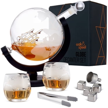 Oak & Steel 53oz World Globe Ensembles de Carafes à Whisky pour Hommes - Ensemble de Carafes à Vin avec Verres de 2, Pierres à Whisky, Pince à Glace et Support pour Whisky, Bourbon, Vodka, Tequila