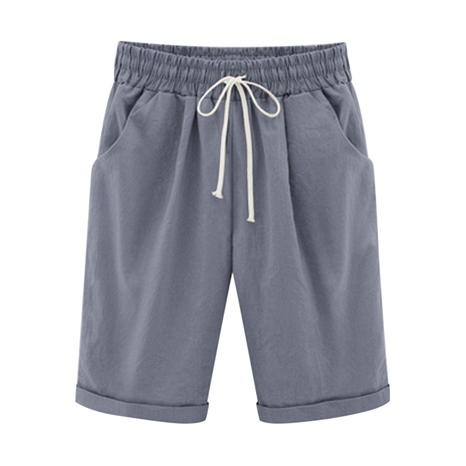Timegard Summer Shorts for Women Casual Elastic Waist Ruched Solid Color Knee Length Pants with Pockets