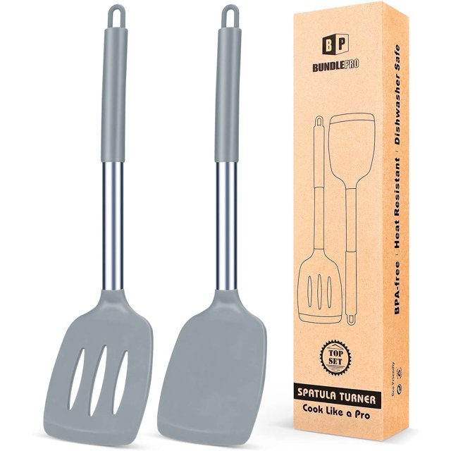 Bundlepro Pack of 2 Silicone Spatulas Turners, Non Stick Slotted and Solid Kitchen Utensils