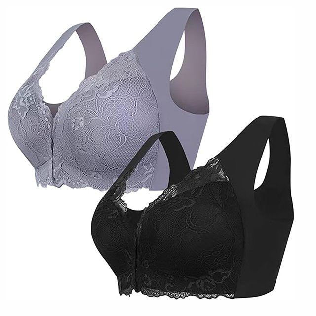 Tumotour 2PC Front Closure Bra for Women No Underwire Comfort Lace Wide Shoulder Strap Bra Full Coverage Seamless Soft Convenient Front Button Bras for Senior Everyday Life Sleep Walking Work