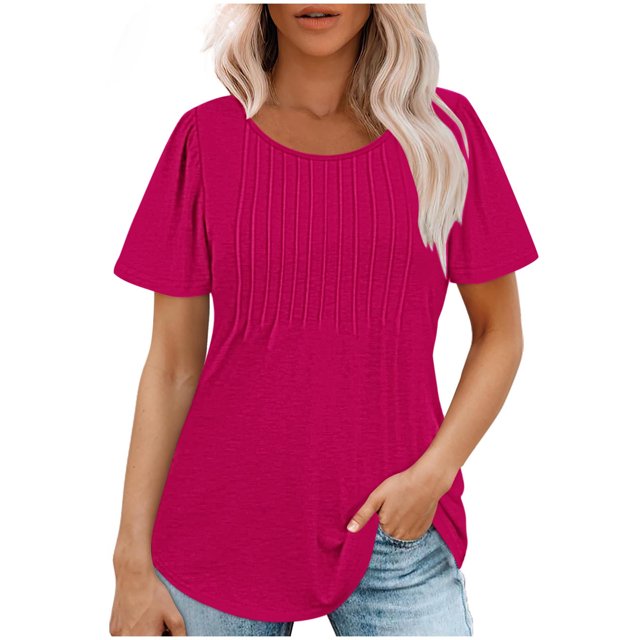AherBiu Tuniques pour Femmes Amples Décontractées à Manches Courtes Couleur Unie Confortables d'Été à Col Rond Blouse T-Shirts