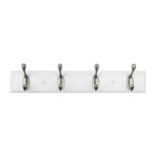 Era Modern 4 Hook Rail White with a white MDF base and four silver metal hooks, designed for organizing coats, towels, hats, and leashes in entryways, bathrooms, or mudrooms, measuring 15.75 by 2.75 inches and supporting up to 30 lbs.
