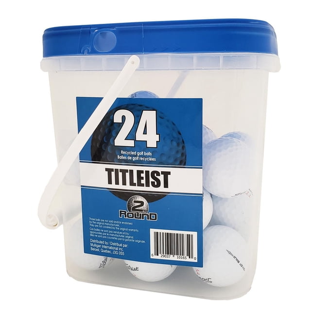 Titleist Recycled Golf Balls pack of 24 by Mulligan in a clear reusable bucket with blue lid and white handle, containing white golf balls inspected for quality, suitable for all skill levels and eco-friendly practice rounds.