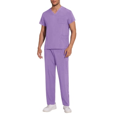 Amzcrzy Scrubs for Men Set Short Sleeve V Neck Slit Scrubs Tops Elastic Waist Multi Pockets Jogger Scrub Pants for Man Casual Solid Color Work Scrubs Sets