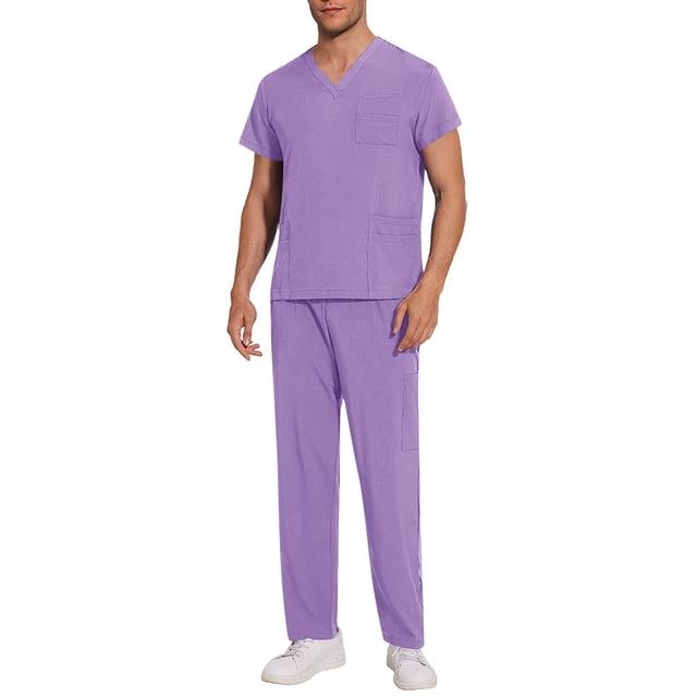 Pounoo Mens Scrub Sets Short Sleeve V Neck Multiple Pockets Medical Work Hospital Clinic Comfortable Uniforms Sets Scrubs Gift