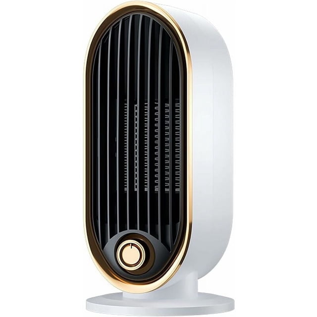 Energy-Efficient Space Heater with telecontrol and timer functionality, featuring a compact design suitable for large and medium-sized rooms. This portable indoor heater has a sleek white body with a black grille and gold accents, designed for energy-saving warmth.
