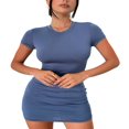 thumbnail image 3 of Women Bodycon Mini Dress Ruched Casual Short Sleeve  Neck Solid Slim Fit Tee Shirt Dress, 3 of 6