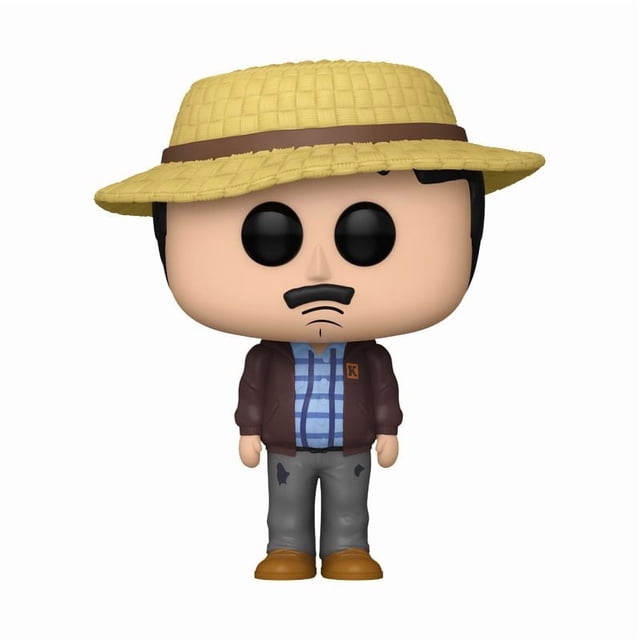 Funko Pop! Television: South Park - Farmer Randy Marsh Vinyl Figure showing a front-facing vinyl figure with a large head and small body. It wears a yellow woven straw hat with a brown band, brown jacket over a blue plaid shirt, gray patched pants, and brown shoes. Standing over three inches tall, it is ideal for collectors and often used as a decorative desk or shelf piece.