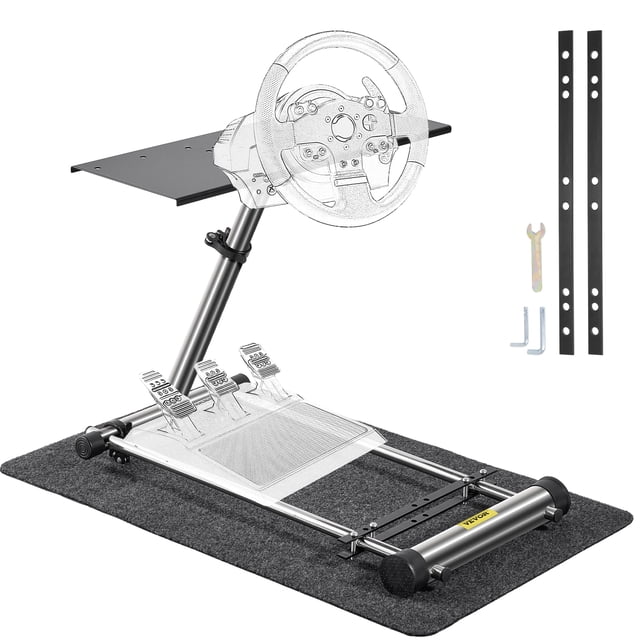 VEVOR Steering Wheel Stand Racing Simulator Gaming compatible with Logitech G29, G920, G27, and G25. Features a sturdy stainless steel frame with adjustable height, tilt, and pedal location for ergonomic gaming. Includes an anti-skid carpet and foldable design for compact storage. Shown with mounting accessories and tools.