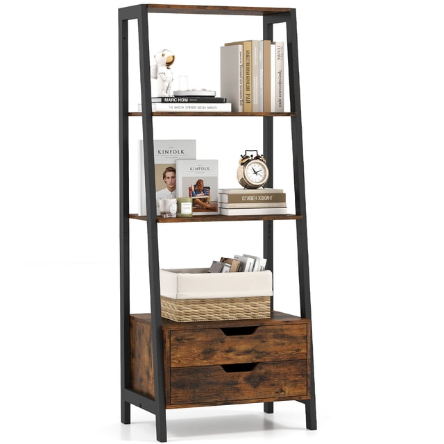 Gymax 4-tier Bookshelf w/ 2 Storage Drawers Sturdy Metal Frame Anti-toppling Devices Brown