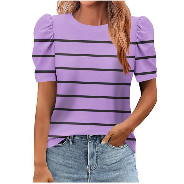 Pisexur Hauts pour Femmes, Hauts de Sortie pour Femmes & T-Shirt à Manches Courtes Col Rond Imprimé Haut Ample, Hauts de Printemps pour Femmes Violet,TG